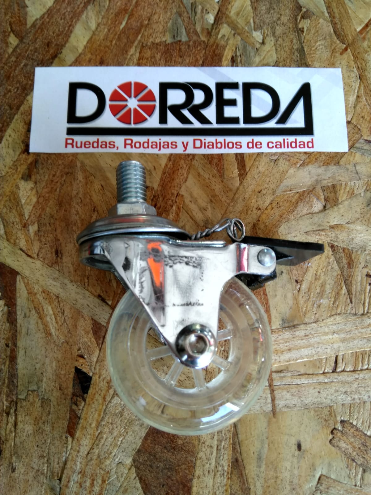 Y-1167-50 - RODAJA BASE ESPIGA ROSCADA GIRATORIA CON FRENO PLASTICO PU TRANSPARENTE 50X21MM Y-1167-50